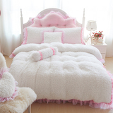 韩版纯白冬季珊瑚绒四件套床裙式法莱绒2.0m床双人山羊绒床上用品