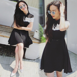 连衣新款16女夏蕾丝夏季2016短袖黑色韩版a字短裙裙夏上衣修身