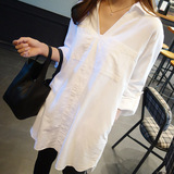 女士长袖衬衫早秋新款韩版大码女装中长款V领口袋白色宽松衬衣潮