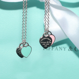 香港专柜 Tiffany迷你双心 蓝色/粉色珐琅 纯银双面锁骨链项链