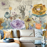 欧式手绘麋鹿电视背景墙壁纸 复古油画花卉墙纸 卧室美式田园壁画