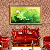 现代简约欧式纯手绘荷花鲤鱼图油画 客厅玄关卧室餐厅装饰横挂画
