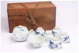 荣熙 日本古美术 茶道具 九谷烧手绘青花煎茶套组 泡茶侧把壶品杯