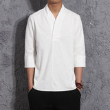 中国风复古棉麻T恤V领亚麻改良唐装夏季七分袖男士汉服茶人居士服