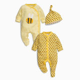 现货英国代购NEXT童装16春款女宝宝黄色小蜜蜂婴儿连体衣2件+帽子