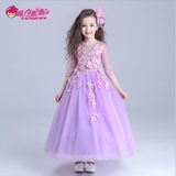 女童连衣裙夏欧美儿童紫色公主裙礼服裙中大童小童花朵长裙演出服