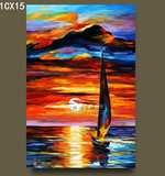 新品手绘立体厚油夕阳海景帆船挂画 家居客厅玄关一帆风顺装饰画