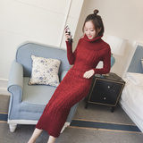 2016秋季新款羊毛高领毛衣连衣裙修身韩版加厚开叉长袖打底裙长裙