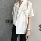 【JM】新品 日系复古 小口袋 西装领 竖条纹宽松白色短袖衬衫男女