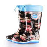 韩国外贸雨鞋女中筒防滑加绒 三色底花色防水耐磨雨靴水靴水鞋子