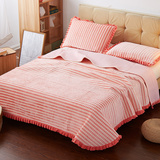 天猫京东三件套多功能夹棉合格品条纹绗缝床盖毛毯简约床单花边