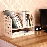 雕花组合架桌面书架简易桌上小书架实木伸缩小书柜双层可收缩书架