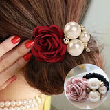 韩版时尚大珍珠玫瑰花朵发圈 精品山茶花发绳 镶钻弹力皮筋批发