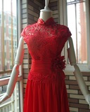 中式复古红色新娘结婚短款高腰孕妇旗袍 镂空蕾丝礼服裙敬酒服