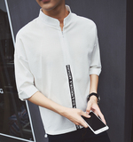 2016新款小清新衬衫男七分袖 日系宽松型棉麻立领衬衣男韩版半袖