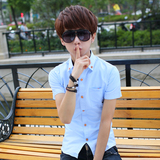 夏季纯白色衣服韩版短袖衬衫休闲修身半袖衬衣潮夏天青少年衬衫男
