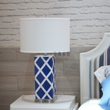 出口美式宜家简约现代方形蓝色菱形印花样板房卧室客厅陶瓷台灯