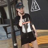 韩国短袖t恤女夏中长款宽松黑色韩版半袖体恤休闲印花织带打底衫
