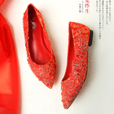 夏季女士红色结婚鞋子中式秀禾服龙凤鞋尖头平底孕妇绣花新娘红鞋