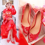 春季女士红色结婚鞋子中式秀禾服新娘鞋尖头细跟红鞋高跟龙凤鞋夏