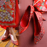 春季女士红色结婚鞋子中式秀禾服龙凤鞋尖头细跟新娘鞋高跟红鞋夏