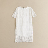 外贸日单女夏季蕾丝连衣裙 短袖圆领直筒修身白色甜美气质中裙
