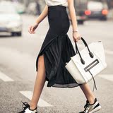 2016夏新款韩版时尚拼接包臀开叉雪纺半身长裙黑色显瘦打底裙子女