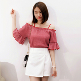 2016夏装女韩版甜美格子一字领露肩吊带喇叭袖娃娃衫上衣短款衬衫