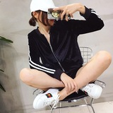 韩版秋装时尚套装女杠条丝绒棒球服外套+短裤休闲运动两件套气质