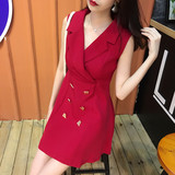 韩版夏季女气质西装领无袖背心连衣裙双排扣V领修身显瘦收腰A字裙