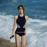 韩国新款挂脖子连体镂空性感露背遮肚子显瘦连体温泉泳衣女