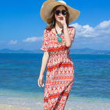 夏季露肩沙滩裙雪纺波西米亚修身显瘦连衣裙复古花纹长裙海边渡假