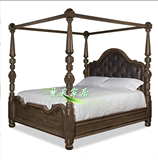欧式复古实木架子床现代别墅罗马柱高档婚床头层牛皮真皮主卧大床