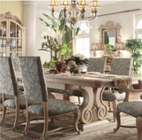 美式乡村橡木一桌八椅长方形实木餐桌欧式做旧雕花餐桌椅多人组合