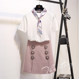 2016夏装新款韩版v领系带蝴蝶结针织衫假两件打底衫上衣短袖T恤女