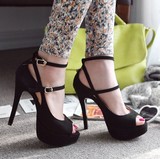韩版夏夜店女鞋黑色显瘦15CM性感超高跟鞋镂空细跟罗马凉鞋鱼嘴鞋