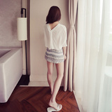 2016夏季韩版V领七分袖雪纺衬衫女显瘦宽松大码中长款蝙蝠袖上衣
