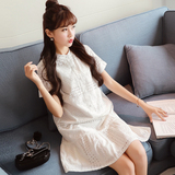 韩国2016夏季女装裙子小立领中长款大码宽松a型镂空蕾丝连衣裙潮