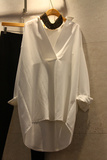 韩国东大门16春装新款韩版V领中长款长袖白衬衫 女 宽松百搭衬衣