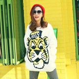 韩国代购2013Nov新秋冬装女款宽松长款可爱大老虎头加绒长袖T恤