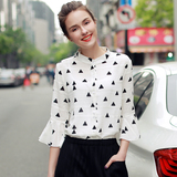 2016夏装韩版新品时尚修身立领雪纺衫七分袖短款小衫上衣女