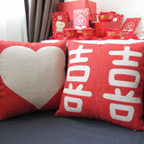 外贸中式 红色情侣结婚礼物双喜字 棉麻办公室靠枕套抱枕沙发靠垫