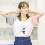 DK尤物/iFashion 2016夏新品 韩国学院撞色拼接卡通女生像短袖T恤