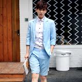 2016夏季薄款西服七分袖韩版修身西装男士浅蓝色有套装潮韩国代购