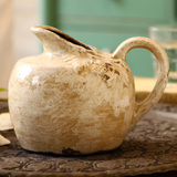 欧美式家居装饰品花插复古做旧陶瓷手柄陶瓶 水壶花瓶