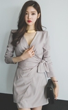 韩国代购2016春款优雅美丽女人V领扭结气质修身连衣裙腰系带西服
