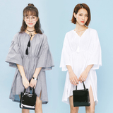 LOVEHEYNEW2016夏季新品韩国系带流苏荷叶袖不规则格子连衣裙女