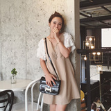 HONEY SASA 韩国夏季女装新款气质V领羽毛拼接短袖宽松雪纺连衣裙