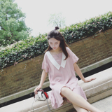 2016新款女装韩版甜美娃娃领短袖宽松高腰棉麻荷叶边连衣裙中裙