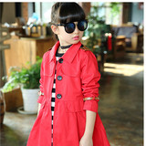 儿童女童秋装红色外套风衣春季新款韩版女大童长袖纯棉上衣中长款